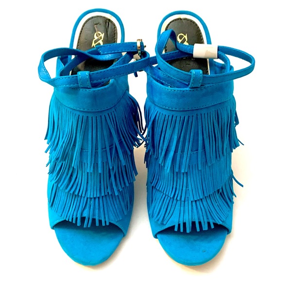 Scene “Anissa” turquoise faux suede fringe heels with wrap around ankle strap-10 - Picture 4 of 12
